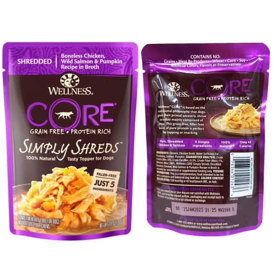 (image for) Wellness Core Dog Wet 12x79g Simply Shreds Chicken Salmon - Click Image to Close