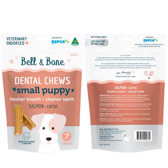 (image for) Bell & Bone Dental Chews 80g 7pk Small Puppy Salmon - Click Image to Close