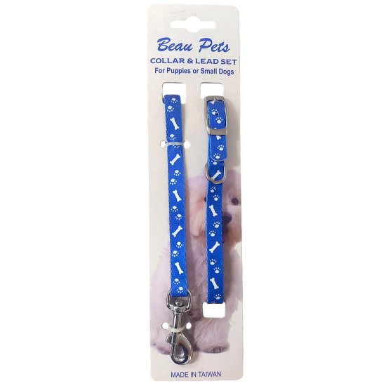 (image for) Beaupets Puppy Collar & Lead Set Paws/Bones Blue - Click Image to Close