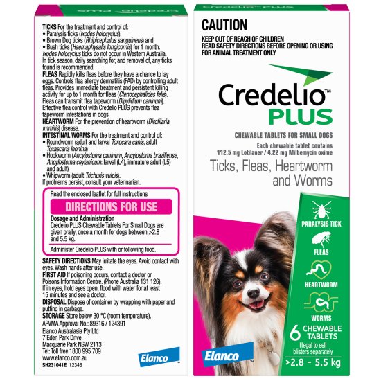 (image for) Credelio Plus Dogs Chews 6Pack Small 2.8-5.5kg - Click Image to Close
