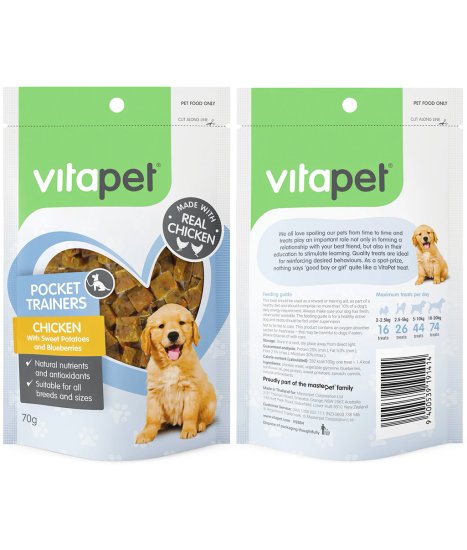 (image for) Vitapet Dog Pocket Trainers 70g Chicken Sweet Potatoe Blueberries - Click Image to Close