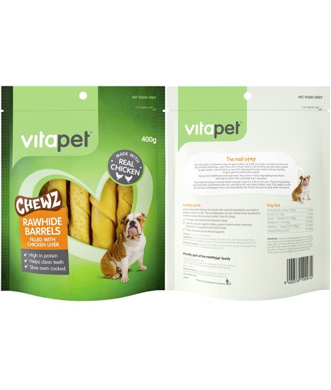 (image for) Vitapet Dog Treats Rawhide Barrels 400g Chicken Liver - Click Image to Close
