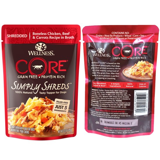 (image for) Wellness Core Dog Wet 12x79g Simply Shreds Chicken Beef - Click Image to Close