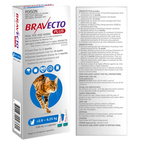 (image for) Bravecto Plus for Cats 2.8-6.25kg 2Pk - Click Image to Close