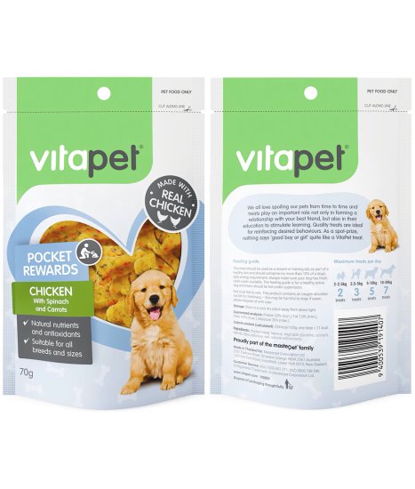 (image for) Vitapet Dog Pocket Trainers 70g Chicken Spinach Carrots - Click Image to Close