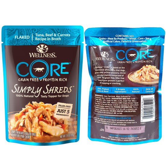 (image for) Wellness Core Dog Wet 12x79g Simply Shreds Tuna Beef - Click Image to Close